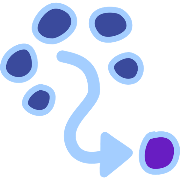 5 dark blue circles with light blue outlines are arranged in and arc. A wavy light blue arrow comes from the center of the arc to point at a dark purple circle with a light blue outline.